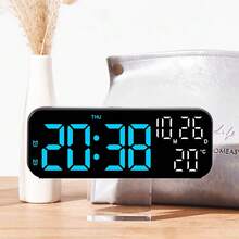 Modern Digital Wall Clock With Remote, Auto Dimming Large LED Screen For 24/7 Easy Viewing, Displays Indoor Temperature Date And Time, Perfect Home Office Gift - Black - View 7