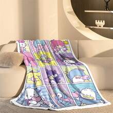 Sanrio Ein Set mit 12-teiligem Collage-Bettdecke mit Figuren aus der Sanrio-Familie, mit Cartoon-Anime-Mustern; es dient als Decke, Bettüberwurf, Baldachin, Sofabezug usw. Es kann sowohl als Inneneinrichtung als auch für Camping, Bettwäsche, Artikel im Hello Kitty-Stil, personalisierte Decken verwendet werden. Die weiche und flauschige Flanellschicht sorgt für ein angenehmes und gemütliches Gefühl. Lizenziertes Produkt