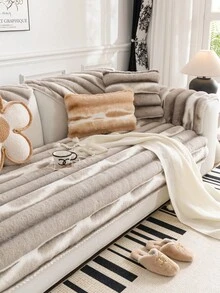 1pc Rabbit Fur Sofa Cushion Cover, Tie-Dye Striped, Thick & Warm For Winter, Anti-Slip & Anti-Scratch Sofa Protector, Ins Style