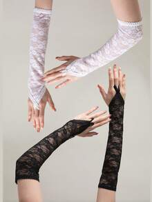 1 双女士蕾丝花纹优雅百搭露指手套，适合户外搭配+冬季装备+小熊手套+圣诞节 - 彩色 - 查看 8