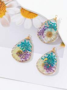3pcs Teardrop Resin Dried Flower Wrapped Copper Wire Earrings, Necklace, Bag Decoration DIY Pendant