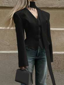 Women's Elegant Blouse With Fashion Scarf Patchwork Tie-Front Casual Commuter Blazer, Solid Woven Fabric, Button Closure - Black - View 4