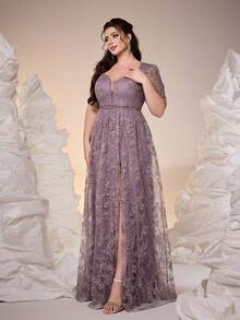 新款Ampoket V领长袖刺绣蕾丝开衩晚礼服，适合舞会、婚礼、派对、婚礼宾客等场合，也可作为晚礼服（非定位款），适合情人节春季穿着。 - 藕粉色 - 查看 3