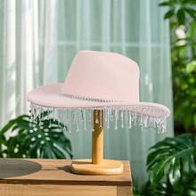 Women Men Wide Brim Cowgirl Hat Rhinestone Tassel Decor Wool Hat Felt Jazz Cap For Party