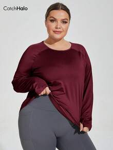 Áo thun thể thao dài tay có lỗ xỏ ngón tay cho nữ cỡ lớn, màu đỏ tía trơn, áo thể thao cổ tròn tay raglan, thích hợp mặc hàng ngày, tập thể dục và chạy bộ quanh năm. - Màu Đỏ Sâu - Xem 9