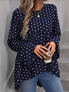 1pc Plus Size Elegant Women's Polka Dot Ruffle Sleeve High-Low Hem Cover Up - Royal Blue - View 5