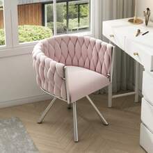 Velvet Vanity Chair, 1 Piece, Luxury Single Swivel Chair For Bedroom, Leisure Swivel Chair, Four Metal Support Legs, Pink - Pink - View 5