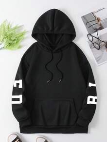 Plus Size Women's Daily Letter "ESS", Text "BEYOND MEASURE" "ME 24:7" And Sleeve Letter Pattern Hooded Long Sleeves Casual Spring/Summer/Fall Women's Plus-Size Long-Sleeved Sweatshirt Christmas Going Out Tops Women, Vacation Outfits Women - Black - View 7