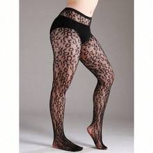 1pc Plus Size High Stretch Leopard Print Fishnet Leggings, Sexy Black Hollow Net Stockings For Halloween Costume, Fashionable - 黑色 - 查看 2