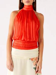 Women's Halter Pleated Chiffon Tank Top Sleeveless Neckline Tie-Up Open Back Tie Casual Blouses 2025 Summer Tops - 橘色 - 查看 3