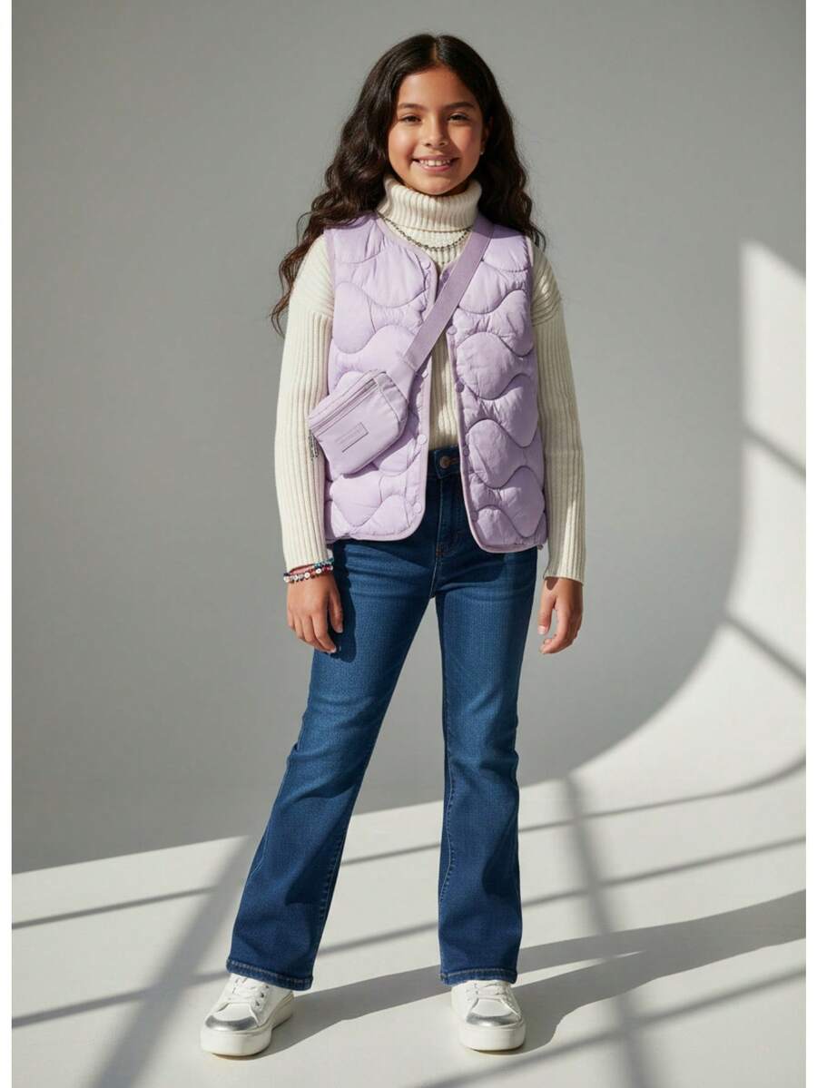 Chaleco niña casual juvenil acolchado patrón ondulado tela ligera color sólido corte holgado cuello en V sin mangas otoño invierno uso diario chaleco - Púrpura malva - Ver 1