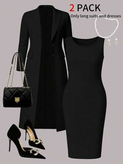 Conjunto elegante de 2 piezas para otoño/invierno: Blazer de cárdigan de manga larga de unicolor + Vestido midi sin mangas, versátil