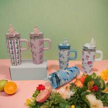 1pc 14oz Tumbler With Handle And Staw Stainless Steel Car Mug With Colorful Pattern On The Body, With A Handle Straw, Suitable For Home And Travel Use Can Be A Gift For Family And Friends - 繁殖花粉 - 查看 2