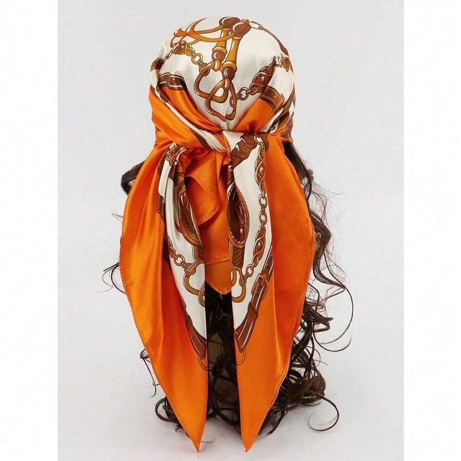 1pc Women Bandana Fashionable Boho Paisley Print Satin Scarf, Elegant Lightweight Headscarf Accessory For Everyday Casual Wear, UV Protection Shawl - trái cam - Xem 1