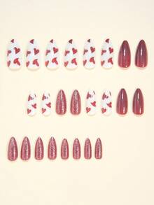 24片中号杏仁形美甲贴片，优雅复古酒红色搭配闪亮红色指甲油，浪漫心形图案，奶油白底红色甲片，全覆盖美甲贴纸，适合女性和女孩。包含1张贴纸和1张迷你凝胶贴纸。