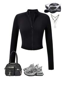 Black Polyester Stand Collar Jacket, Suitable For Teenage Girls, Regular Long Sleeve Black Zip-Up Jacket - Black - View 1