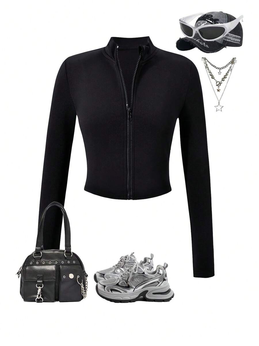 Black Polyester Stand Collar Jacket, Suitable For Teenage Girls, Regular Long Sleeve Black Zip-Up Jacket - Black - View 1