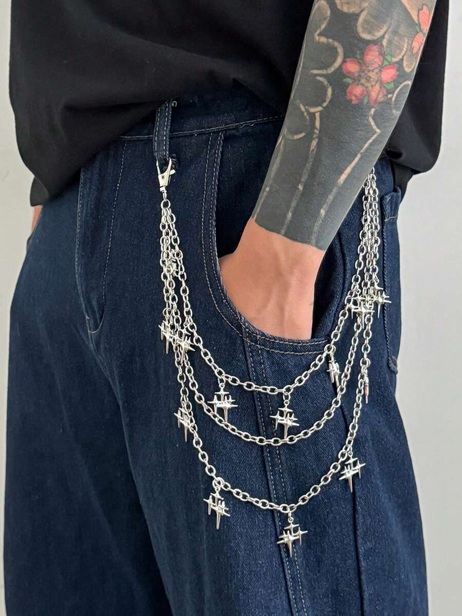1件裝男士個性化十字星牛仔褲鏈條，嘻哈高端街頭風掛飾鏈，適合日常穿搭 - 彩色 - 查看 1