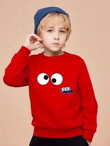 KID004Cartoon Eyes Print Boys Casual Creative Pullover Sweatshirt, Long Sleeve Crew Neck Tops, Kids Clothes Outdoor - Rojo - Ver 1