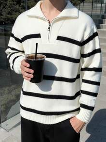1pc Teen Boys Classic Striped Collared Half-Zip Sweater