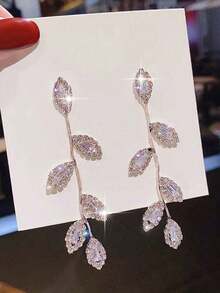 1 Pair Cute Leaf CZ Zirconia Women Dangle Earrings For Bridal Wedding Jewelry Gift For Lover Wife Engagement Anniversary - 玫瑰金色 - 查看 4