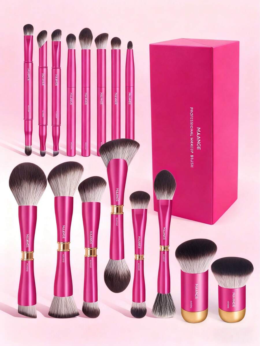 MAANGE 1/13/16/18件套铝管化妆刷套装，带收纳盒，包含粉底刷、腮红刷、散粉刷、修容刷、高光刷、眼影刷、遮瑕刷和鼻影刷，女士旅行化妆工具礼盒套装