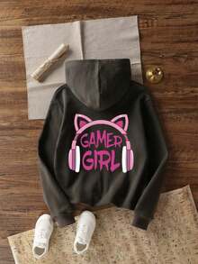 Funny Print Thermal Lined Pullover Sweatshirt Sweatshirt For Young Girls, Warm & Comfortable For Autumn/Winter - Dark Grey - View 2