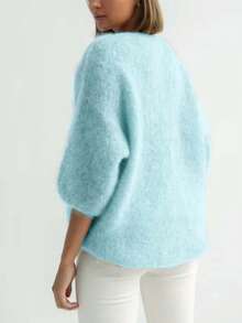 Áo len dệt kim mềm mại, cổ chữ V, màu trơn, dáng rộng, thường ngày dành cho nữ, mùa thu/đông - Màu xanh lam - Xem 2