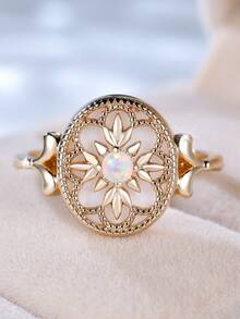 Tsnamer 1枚复古花卉白色玛瑙圆戒指，复古金色订婚戒指，结婚首饰 - 戒指 - 查看 11