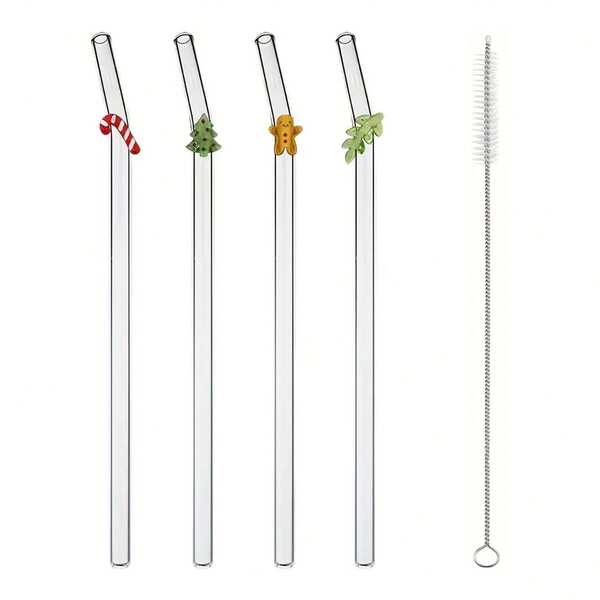 1/4/8pcs Reusable Glass Straws, Christmas Design, 8mm Diameter - Kitchen Accessory, Suitable For Parties And Cocktails, Includes 1 Cleaning Brush, Decorative And Fun, Ideal Gift For Family And Friends