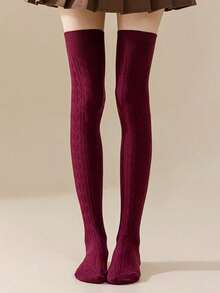 1 Pair New Autumn & Winter Japanese-Style Cream White Cashmere Socks | Retro Cable Knit Jacquard, Slim-Fit, Warm, Over-The-Knee | Random Delivery, Cozy - White - View 11