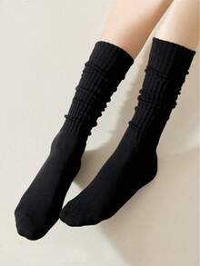 两双装女士黑白简约修身小腿袜，保暖长袜，适合日常搭配皮鞋穿着，节日礼物，圣诞礼物 - 彩色 - 查看 7
