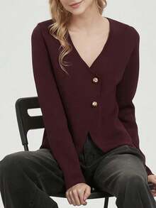 Áo len dài tay cổ chữ V tay dài Se-Helo dành cho nữ, kiểu dáng tối giản, thanh lịch, thích hợp cho công sở/học sinh, trang trí cúc kim loại, kiểu dáng ôm sát, đa năng, thích hợp cho mùa thu/đông. - Màu đỏ tím - Xem 5