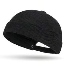 Mũ len nhung kẻ unisex phối da, mũ beanie màu trơn kiểu Nhật, mũ tang cổ điển, phù hợp cho cả nam và nữ, phong cách Hàn Quốc thường ngày cho mùa thu/đông. - A - Xem 25