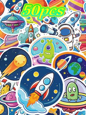 A Set Of 50 Unique Stickers Featuring Space And Universe Themes, Perfect For Holiday Gifts, Party Decorations, Back-To-School Rewards, Birthday Presents, And For Personalizing Items Like Skateboards, Luggage, Bikes, Scooters, Guitars, And Water Bottles.