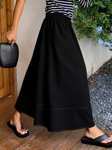 Livesso Women's Plain Elastic Waist Long Casual Skirt Fall Skirts - Black - View 2