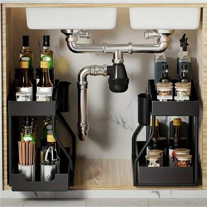 1/2pcs 2-Tier Large Capacity Pull-Out Storage Organizer Drawer - Durable, Space-Saving, Easy Access Design For Maximum Storage - Ideal For Kitchen, Bathroom, And Home Organization Solutions