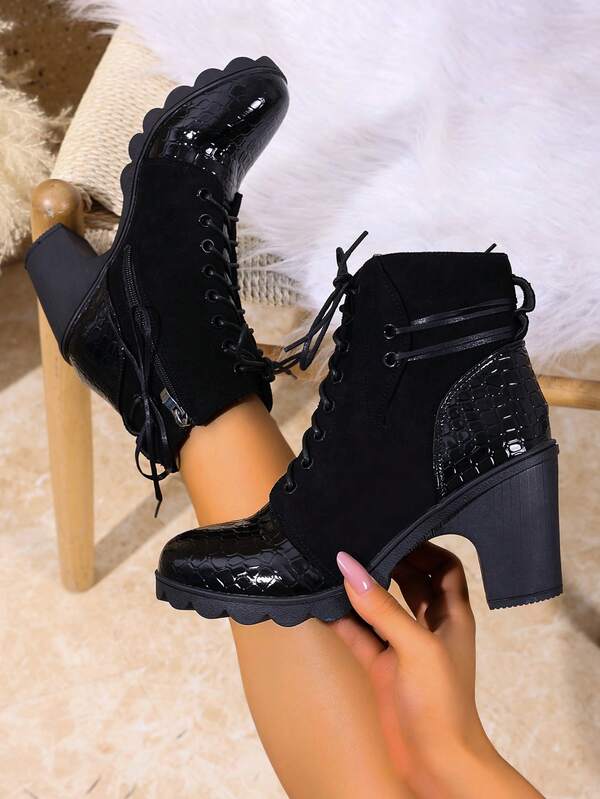 Bottes de cheville à talons hauts pour femmes, bout rond, couleur unie, lacets sur les côtés avec fermeture éclair, patchwork, talon épais, style coréen avec lacets à l'avant et à l'arrière, couleur contrastée nude, pour l'automne et l'hiver