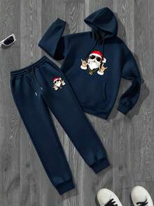 2 Stück/Set Herren Mode lustiges Weihnachtsmann Handzeichen Muster Lässig thermisch gefütterte Kapuzen-Pullover und Hose Set, geeignet für Straße, Outdoor, Feiertage, Alltag