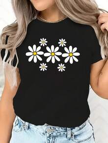 Valentine's Day European And American Spring Summer Women's Clothing Small Daisy Print Casual T-Shirt Loose And Comfortable Summer Tops White Top - 黑色 - 查看 12