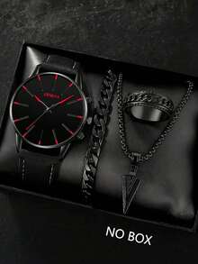 4pcs Men's Gift Set, Minimalist Scale Leather Quartz Watch, Arrow Pendant Necklace, Bracelet, Ring Set, With Round Dial And Synthetic PU Leather Strap, Suitable For Business Occasions, Birthday Gift - Black - View 10