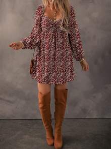 Acelitt 碎花聚拢胸前褶饰拼布后背灯笼袖夏装