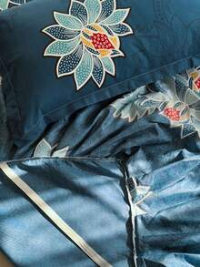 Bộ 3 váy giường (1 váy giường + 2 vỏ gối), họa tiết hoa, mềm mại và thân thiện với da, thích hợp cho phòng ngủ, mọi mùa - Màu xanh lam - Xem 7