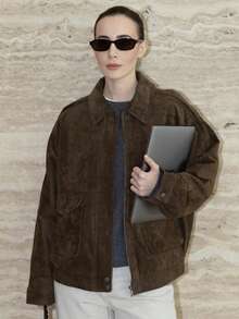 TRAFZA 女式常规仿麂皮长袖拉链宽松休闲夹克春季 - 棕色 - 查看 6