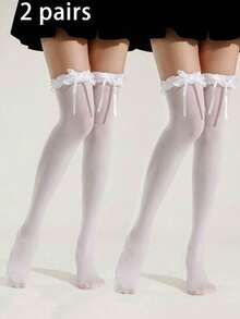 1 Pair Women's White Bow Lace Trim Cute Thigh High Socks, Lolita Style Over-The-Knee Lace Socks, Versatile For Daily Wear, All Seasons - White - View 8