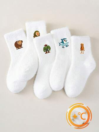 5双儿童冬装，温暖的白色貂皮，柔软舒适，印花设计和豹纹蝴蝶结。简约而时尚的设计，适合日常家居地板袜