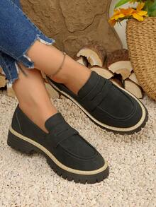 Preppy Style Black Loafers, Fashion Casual Shoes, Comfortable Round Toe Fuchsia Women's Shoes, Thick Sole Slip-On British Style Gray Dress Flats