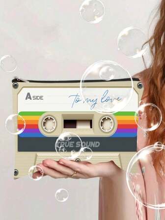 2D-platttryckt vintage "She's So Unusual" 80-tals kassettbandspåse Rolig popkulturpresent till musikälskare, dragkedja med retrodesign, handtvättbar, blandade färger, julklapp till skolstarten