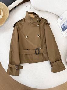 FGGG Double-Breasted Shoulder Strap Women's Brown Short Trench Coat Autumn Winter Belted Waist British Commuter Style Office Party And Streetwear Women's Jacket