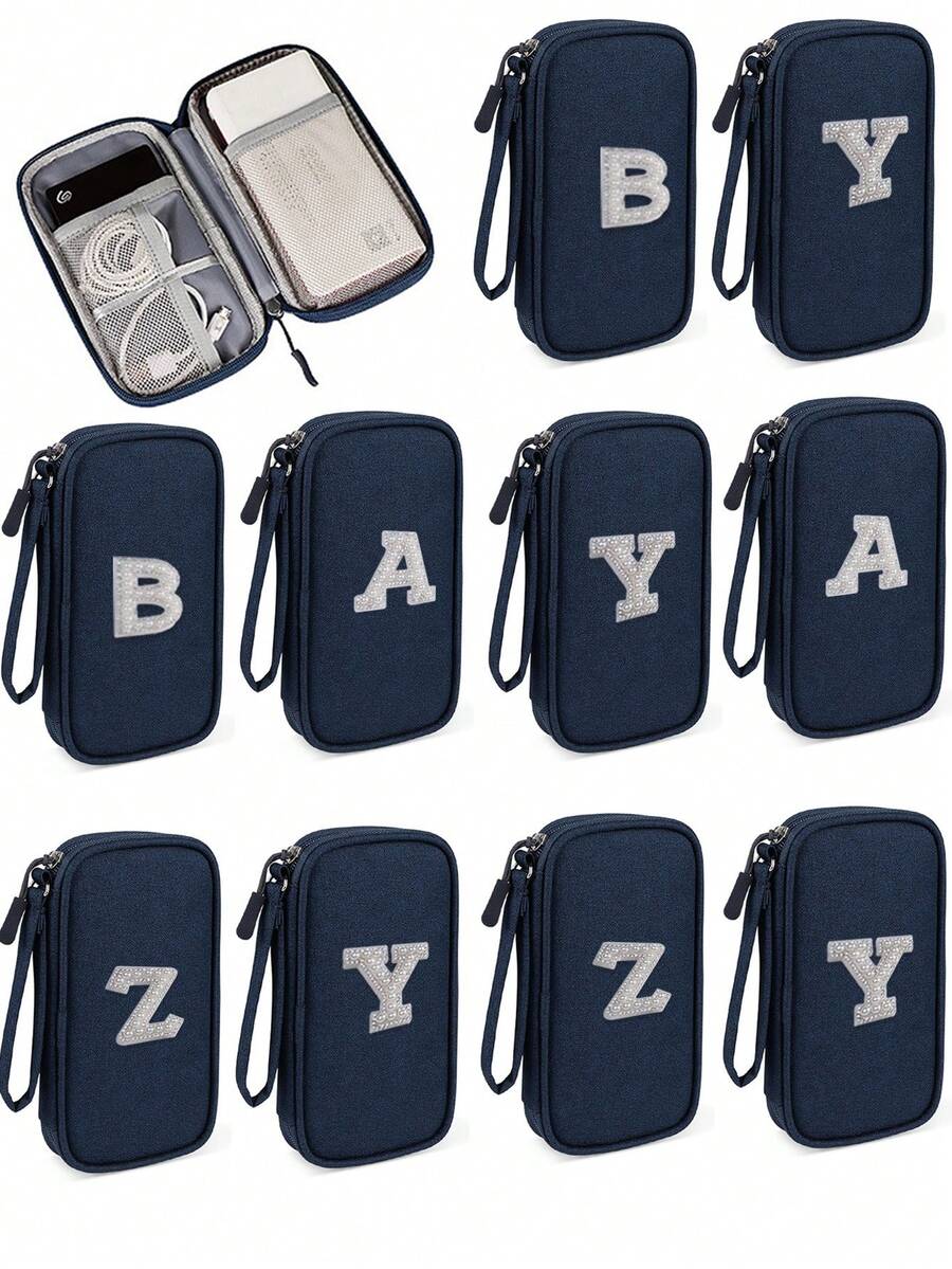 1个DIY个性化数据线收纳袋,26字母图案便携式旅行电子产品整理袋,适用于硬盘、移动电源、耳机、充电器、手机壳、无线耳塞、蓝牙耳机、耳麦等,商务旅行必备 - 彩色 - 查看 1